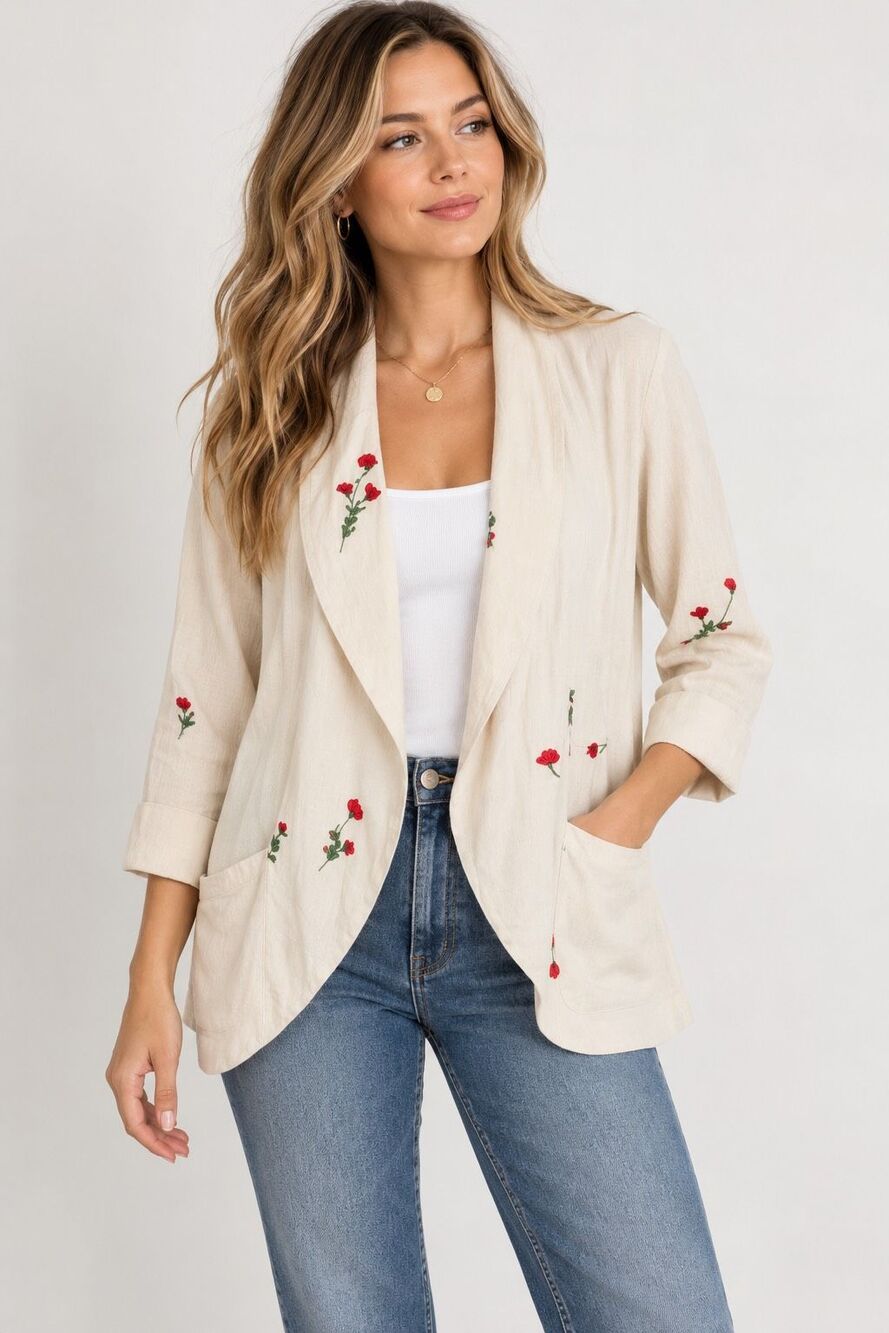 Aritzia Wilfred Floral Embroidered Japanese Weave Open Front Blazer Size 2